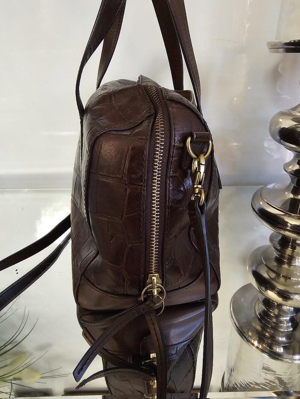 Fossil Sydney  Dark Brown Croc-Embossed Leather Satchel - Picture 12 of 12